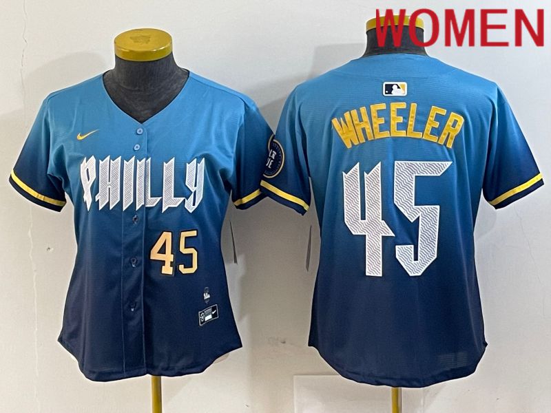 Women Philadelphia Phillies #45 Wheeler Blue City Edition Nike 2024 MLB Jersey style 3->women mlb jersey->Women Jersey